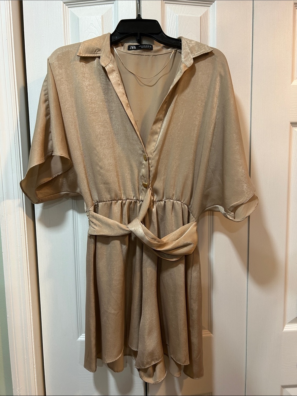 Zara Shimmery Tan Mini Shirt Dress with Tie Waist